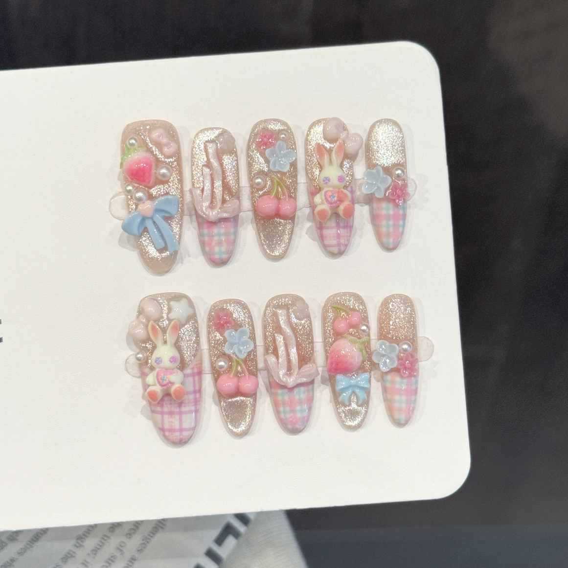 Pressed Flower Art - 10개입 타원형 수제 프레스온 네일, 하늘색