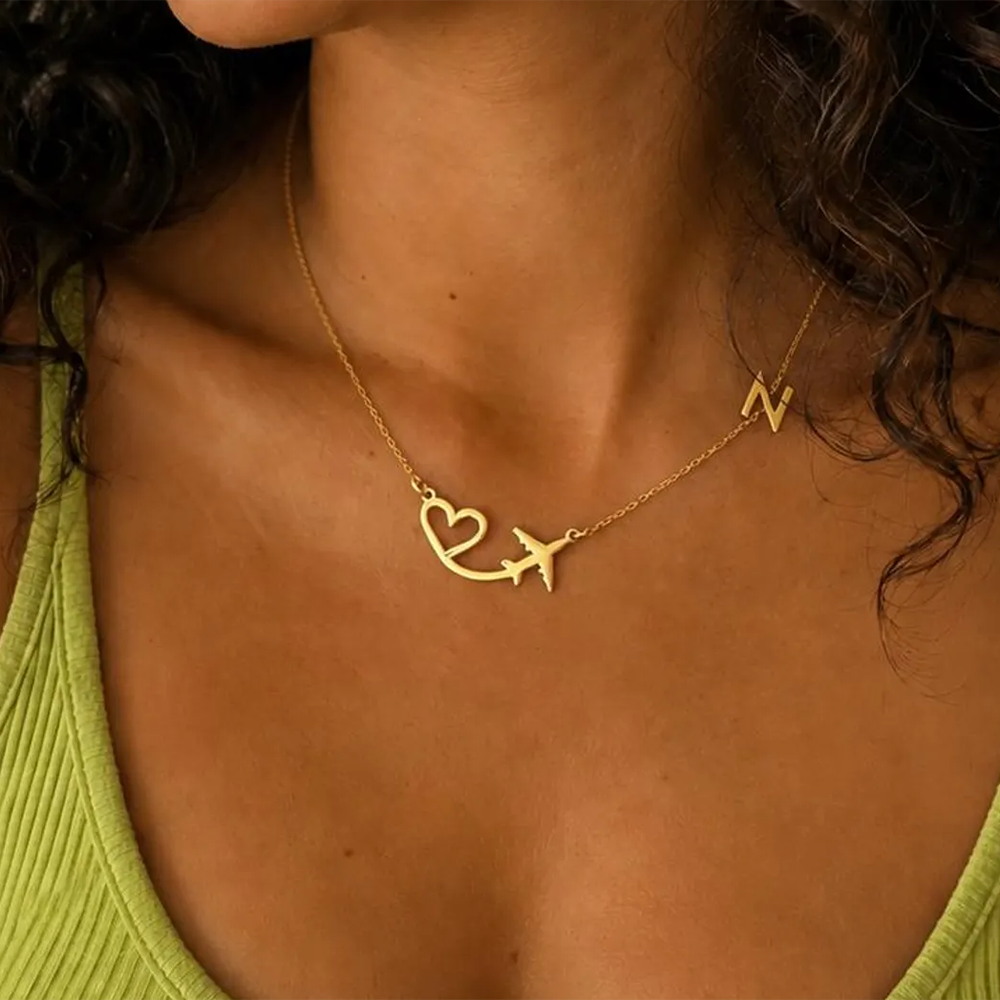 Name Necklace Custom - 여성을위한 맞춤형 하트 비행기 이니셜 펜던트