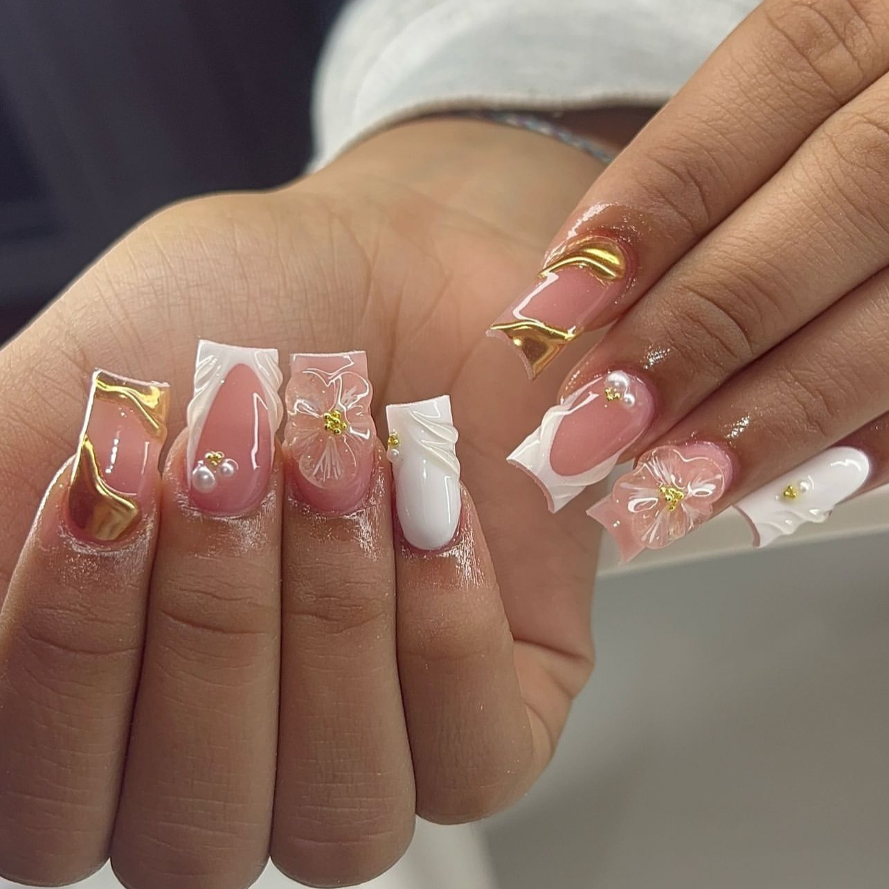 Pressed Flower Art - 24Pcs 달콤한 중간 사각형 거짓 손톱